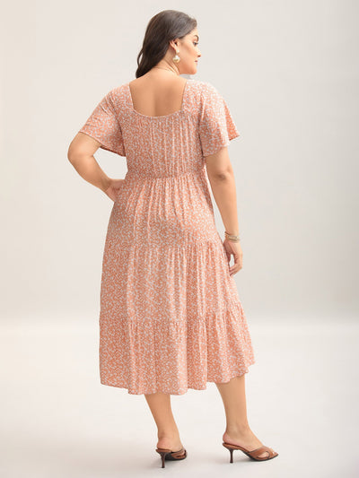 Ditsy Floral Sweetheart Drawstring Pocket Tiered Dress