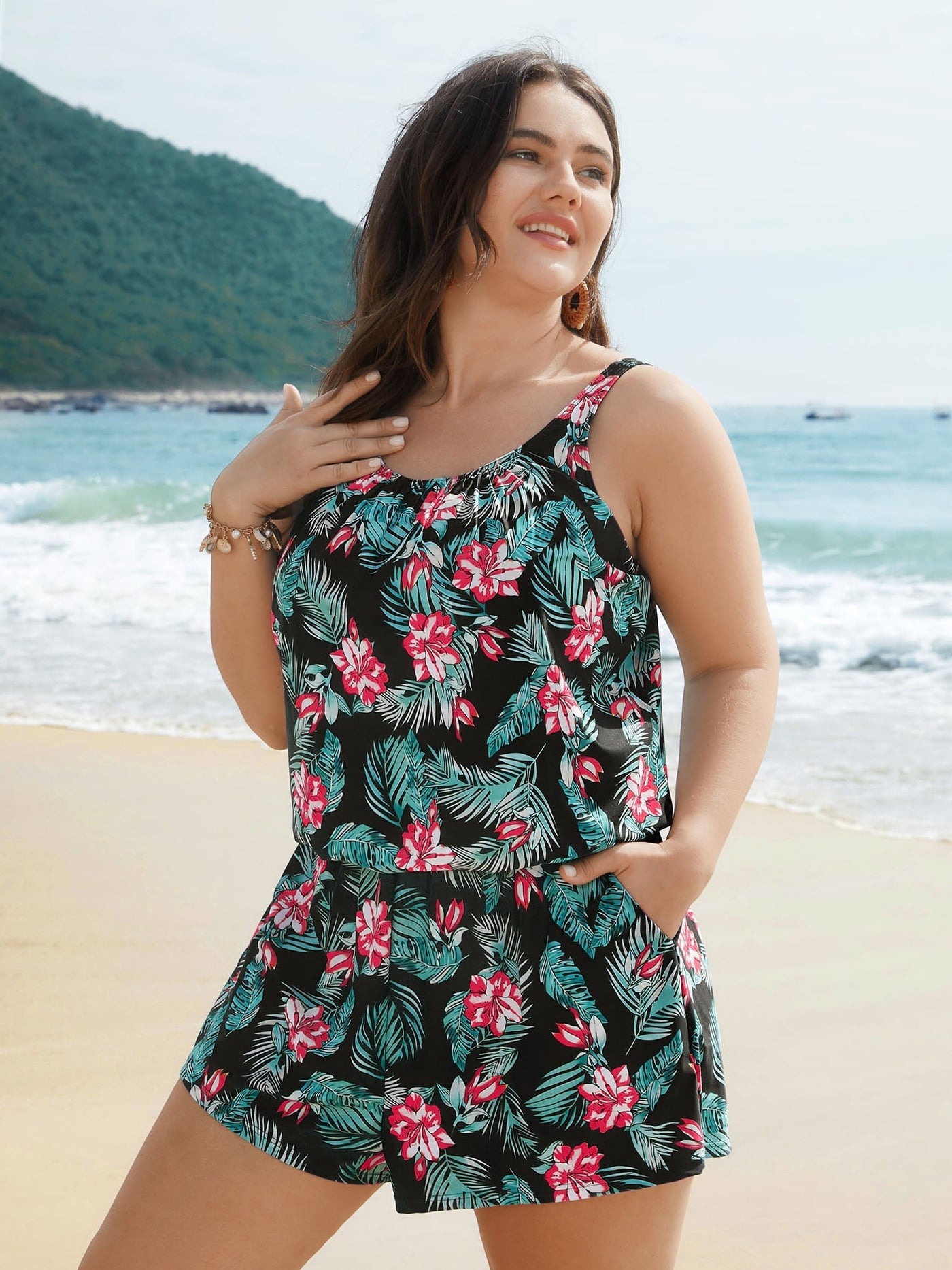 Tropical Flower Print Pockets One-Piece Swimsuit