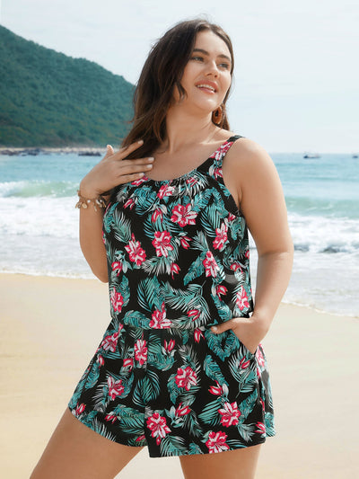 Tropical Flower Print Pockets One-Piece Swimsuit