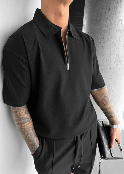 Oversize Textured Zipper Polo T-Shirt