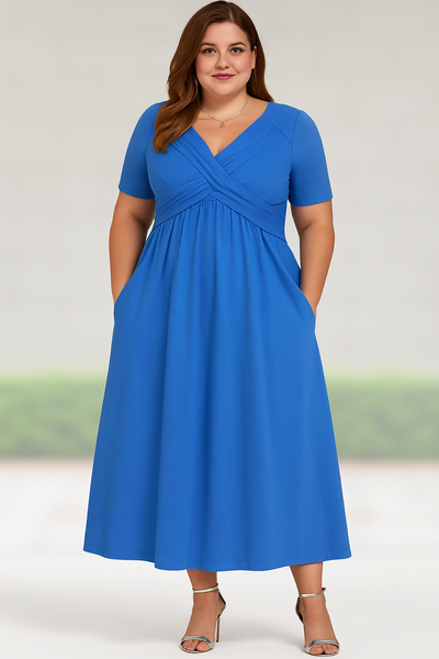 Pleated V-neck Tummy Covering Midi Dress | MILAN