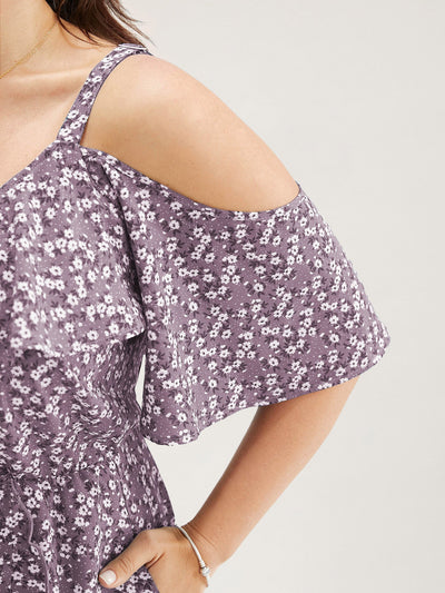 Ditsy Floral Pocket Wrap Cold Shoulder Ruffle Dress