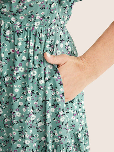 Ditsy Floral Sweetheart Drawstring Pocket Tiered Dress