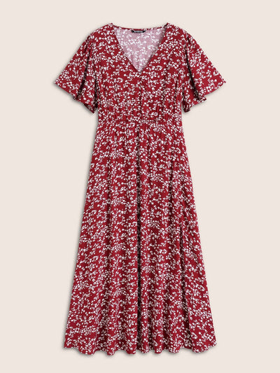 Bloom Dress - Flutter Sleeve Ditsy Floral Pocket Split Maxi Dress
