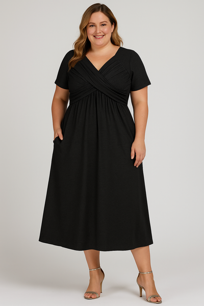 Pleated V-neck Tummy Covering Midi Dress | MILAN