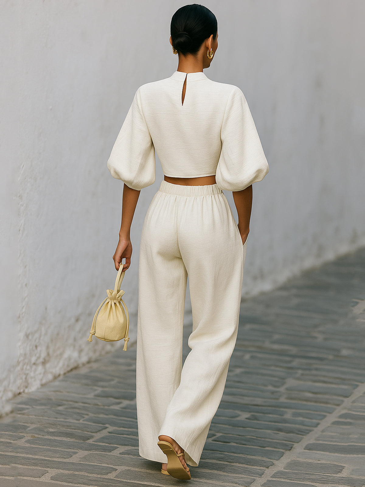 Creamy White Textured Lantern Sleeve Set