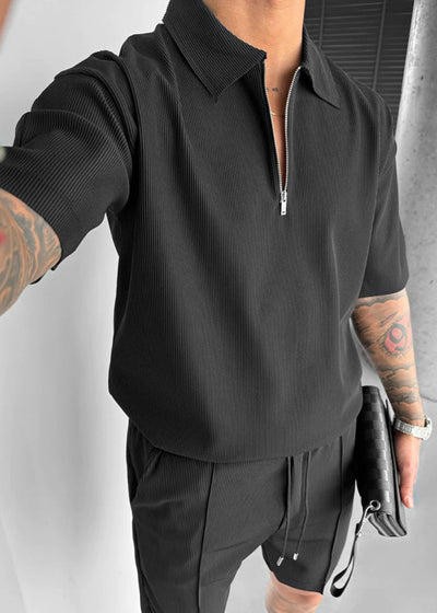 Oversize Textured Zipper Polo T-Shirt