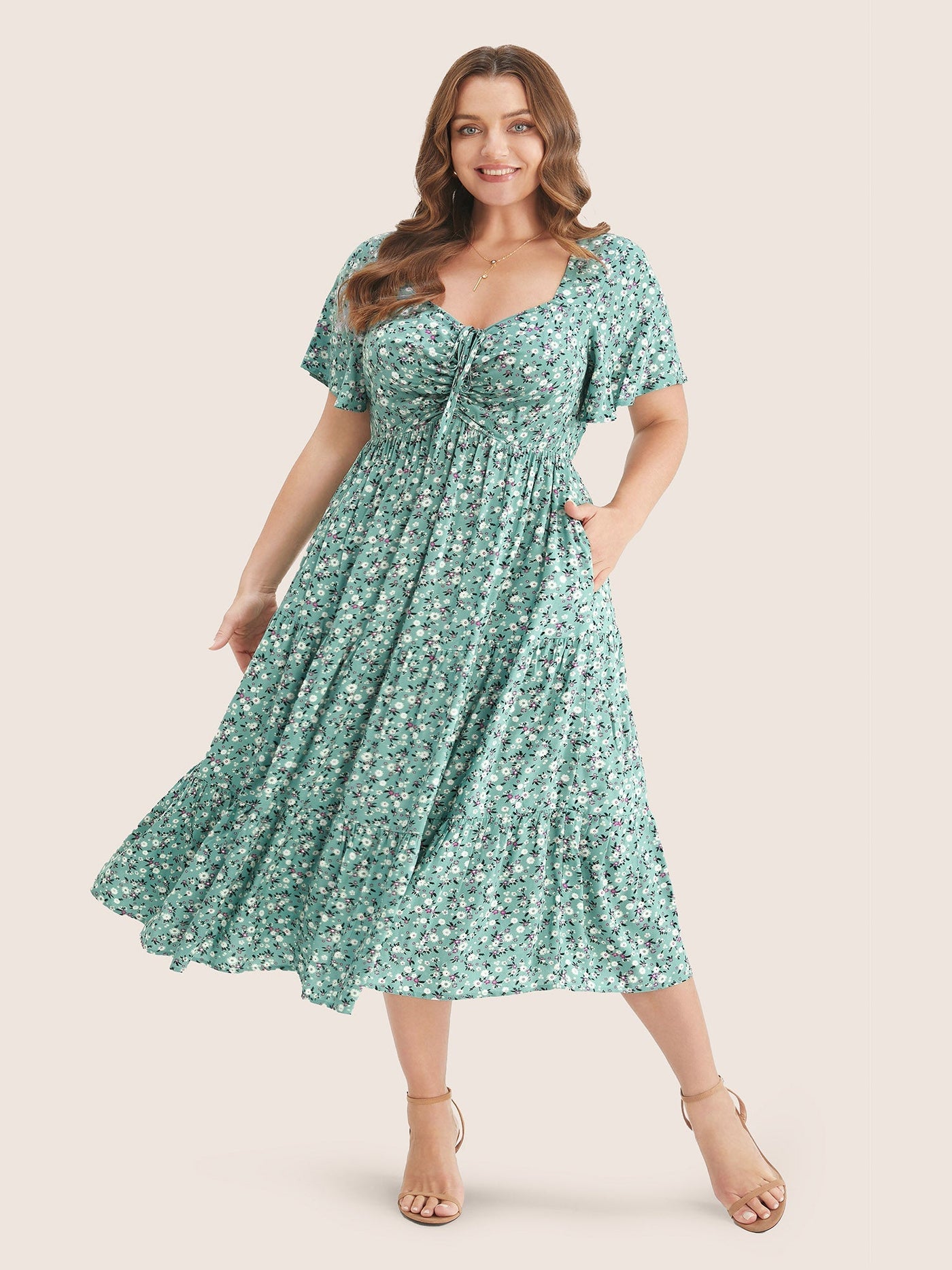 Ditsy Floral Sweetheart Drawstring Pocket Tiered Dress