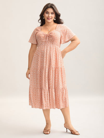 Ditsy Floral Sweetheart Drawstring Pocket Tiered Dress