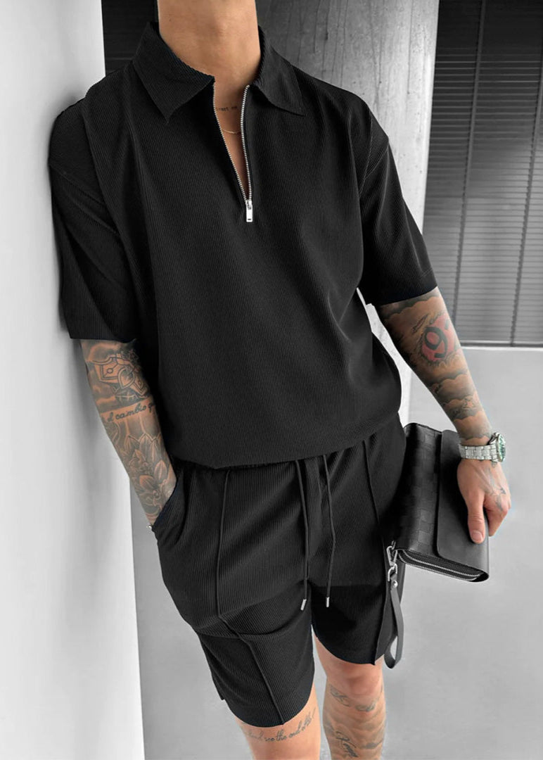 Oversize Textured Zipper Polo T-Shirt