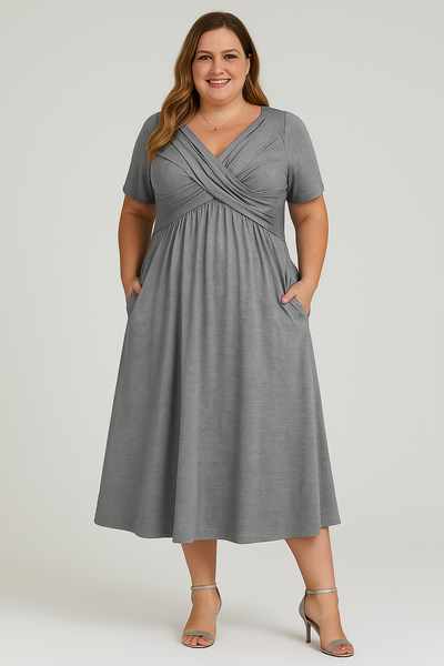 Pleated V-neck Tummy Covering Midi Dress | MILAN