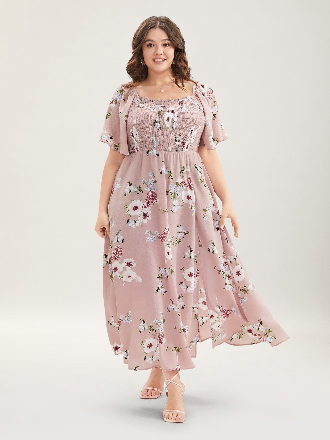 Floral Square Neck Ruffles Pocket Shirred Split Dress