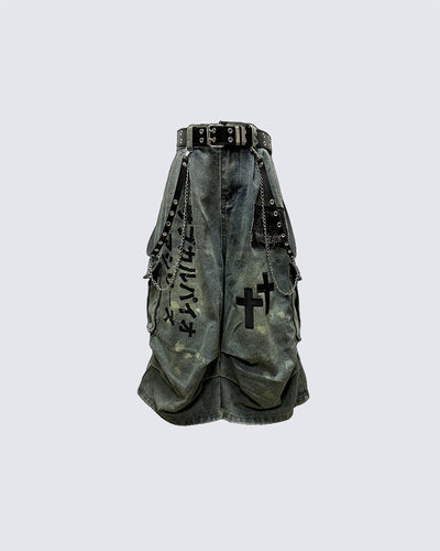 Gothic Washed Denim Shorts with Chains