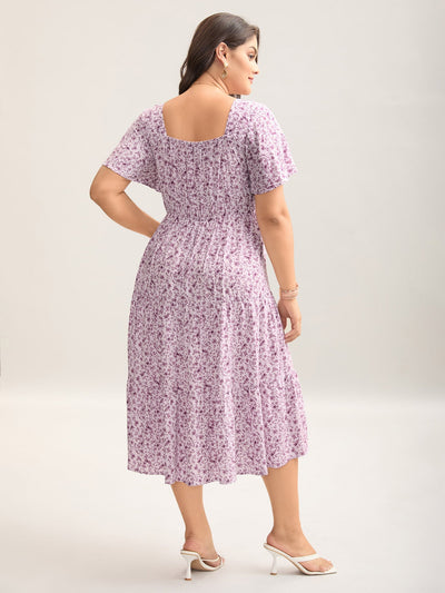 Ditsy Floral Sweetheart Drawstring Pocket Tiered Dress