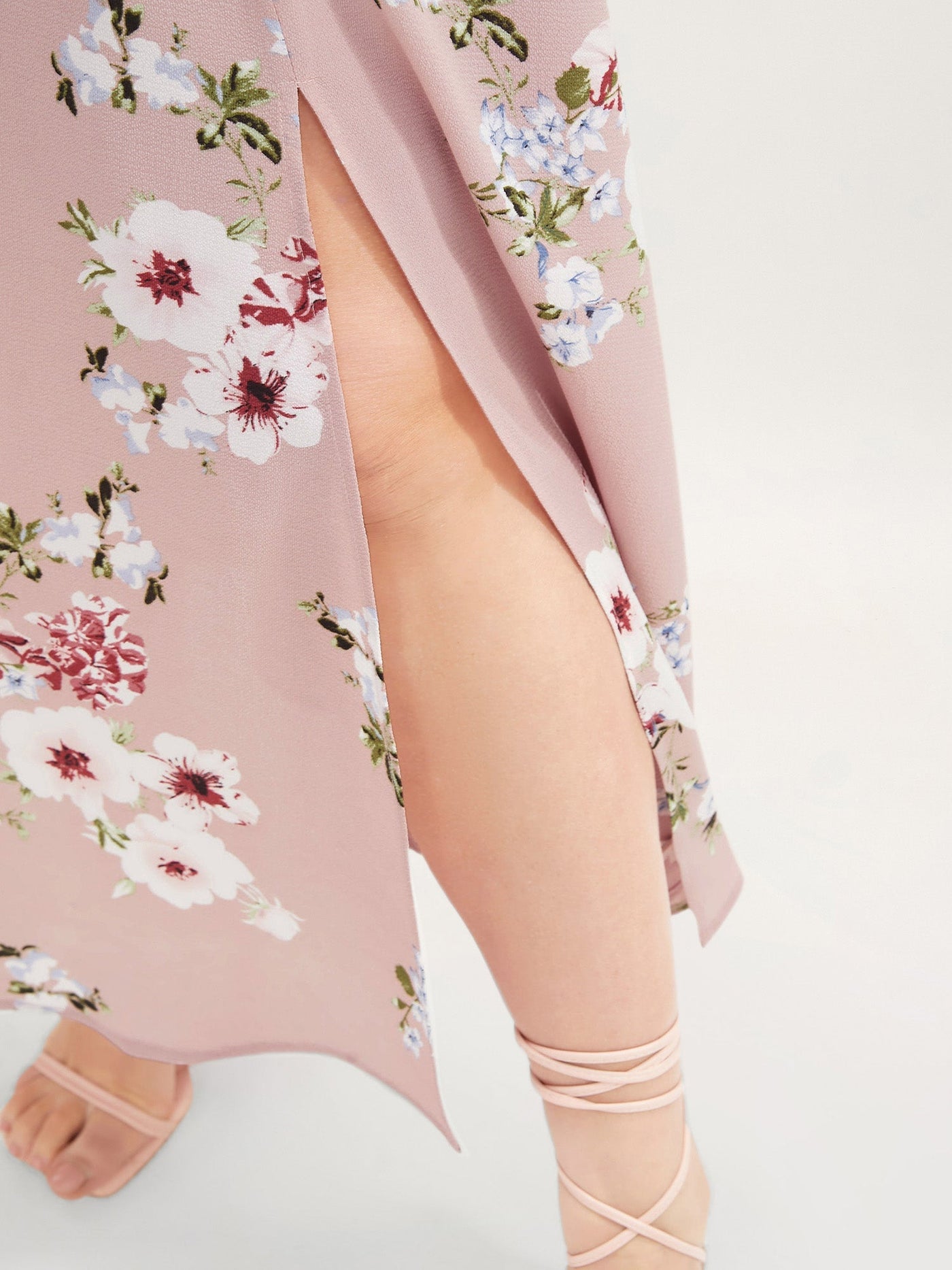 Floral Square Neck Ruffles Pocket Shirred Split Dress