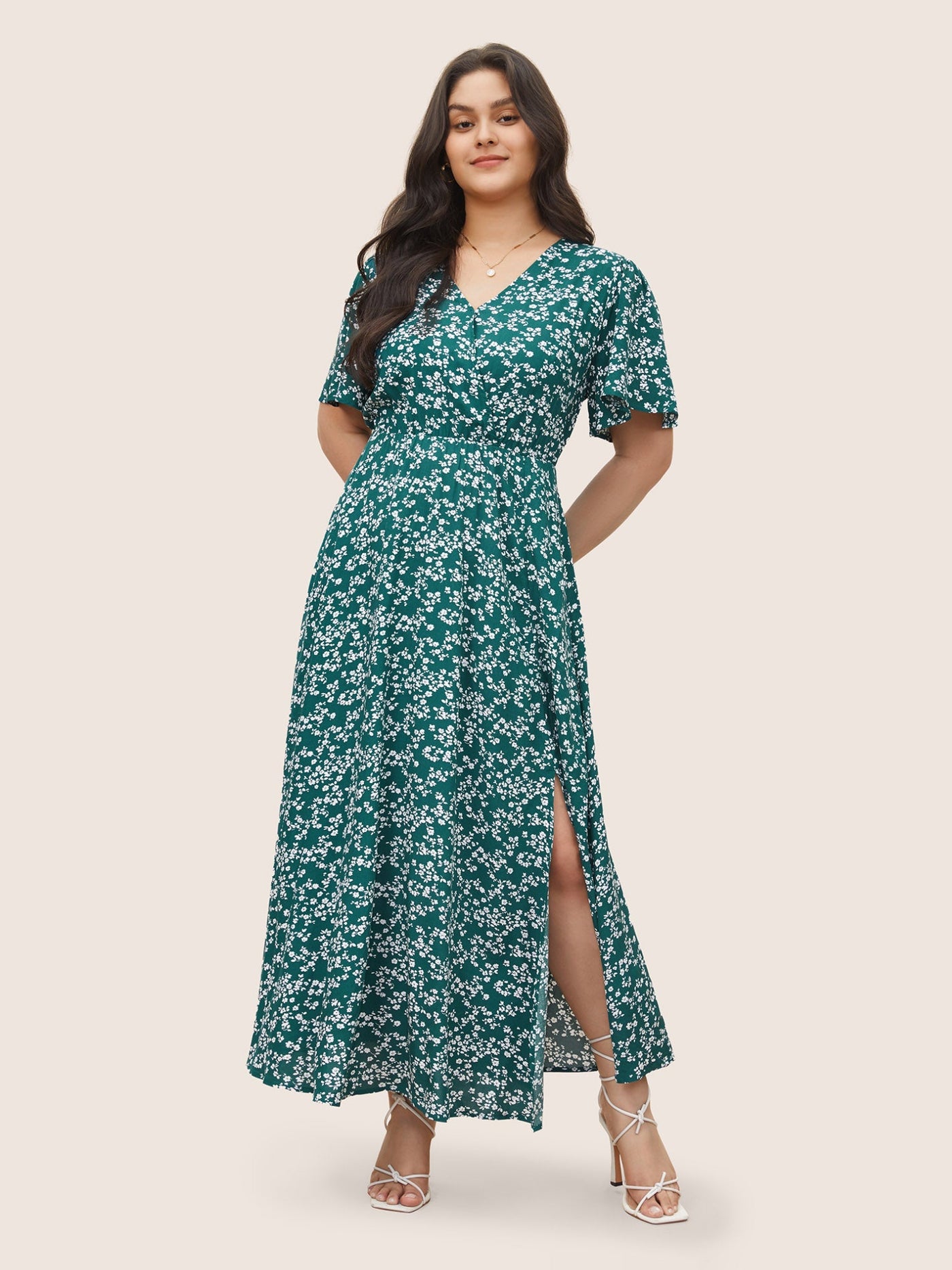 Bloom Dress - Flutter Sleeve Ditsy Floral Pocket Split Maxi Dress