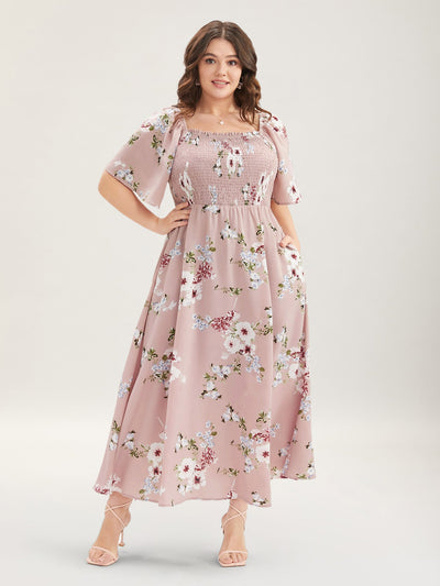 Floral Square Neck Ruffles Pocket Shirred Split Dress