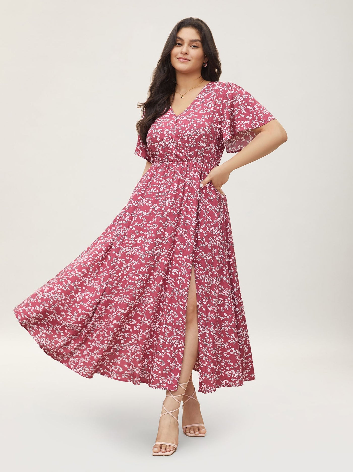 Bloom Dress - Flutter Sleeve Ditsy Floral Pocket Split Maxi Dress