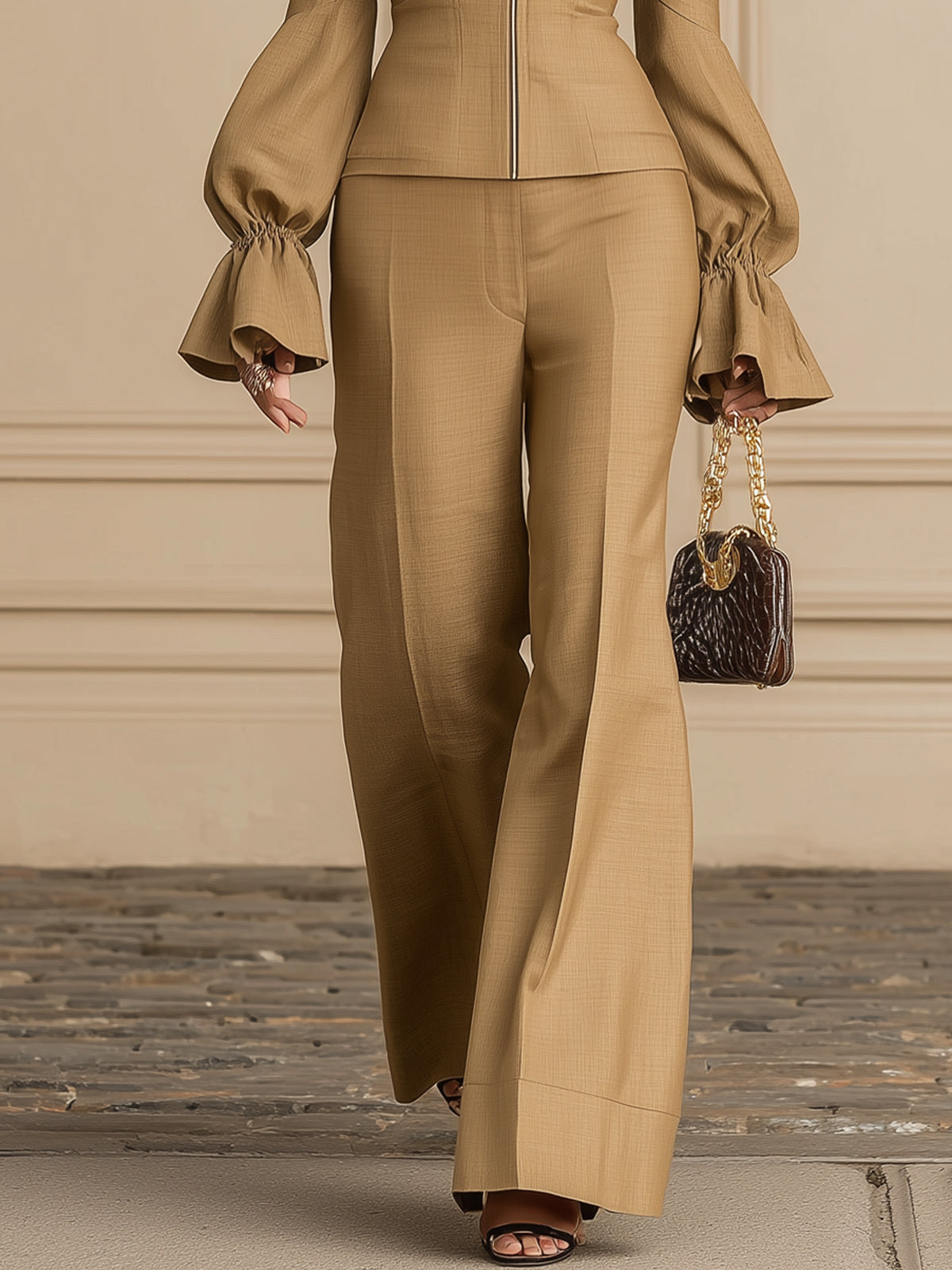 Brown Off-the-shoulder Trumpet Sleeve Zipper Suit