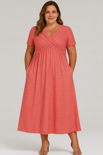 Pleated V-neck Tummy Covering Midi Dress | MILAN