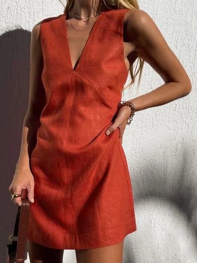 Always Casual Cotton & Linen V-Neck Short Dress