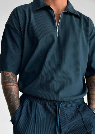 Oversize Textured Zipper Polo T-Shirt