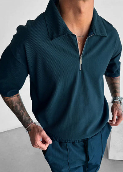 Oversize Textured Zipper Polo T-Shirt