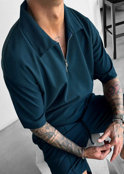 Oversize Textured Zipper Polo T-Shirt