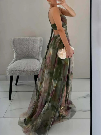 Elegant Painted Floral Print V-Neck A-Line Maxi Dress