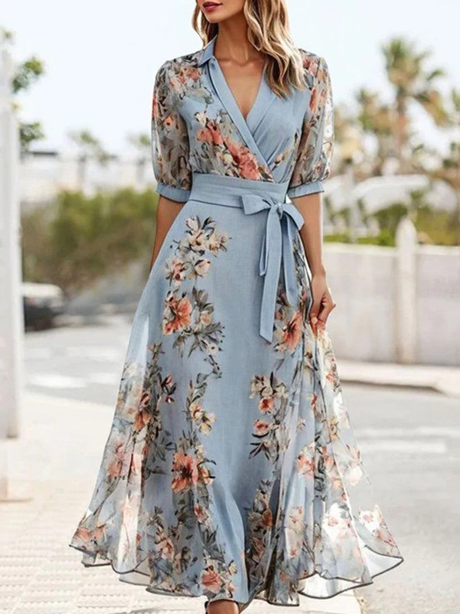 ELSIE | FLORAL V-NECK MIDI DRESS FOR ELEGANT COMFORT