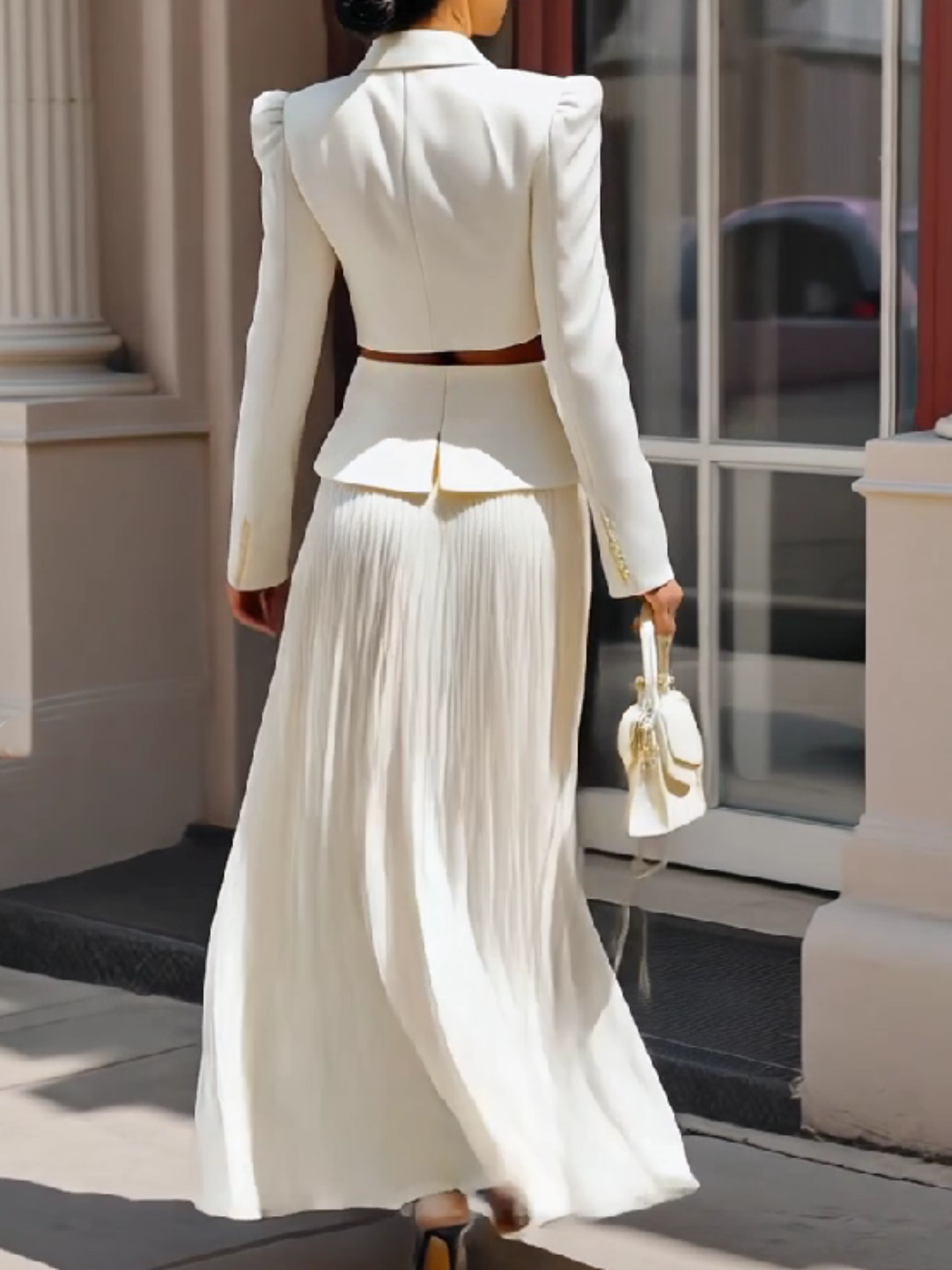 White Cropped Blazer Set With Pleated Maxi Skirt