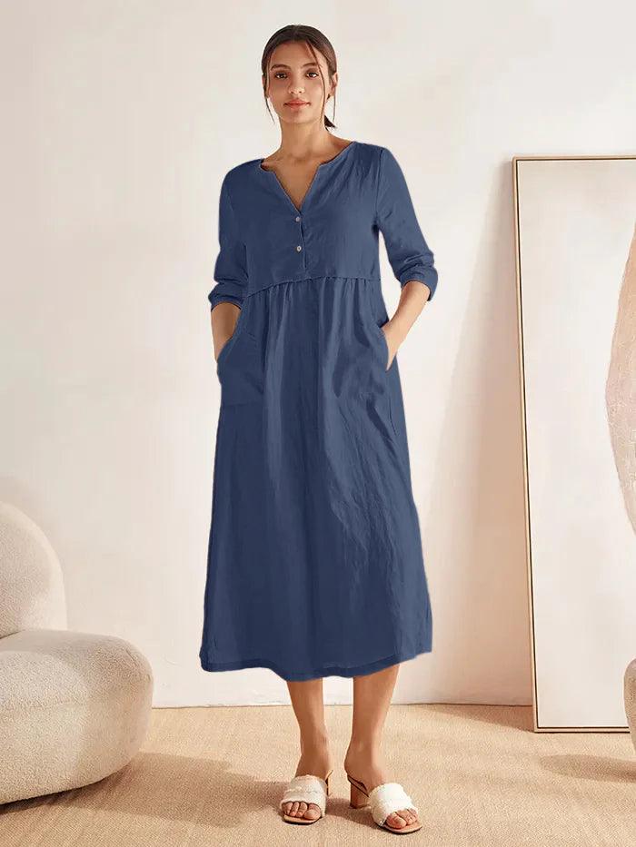 100% Linen Loose Fit Button Waist Gathered Maxi Dress LUNA