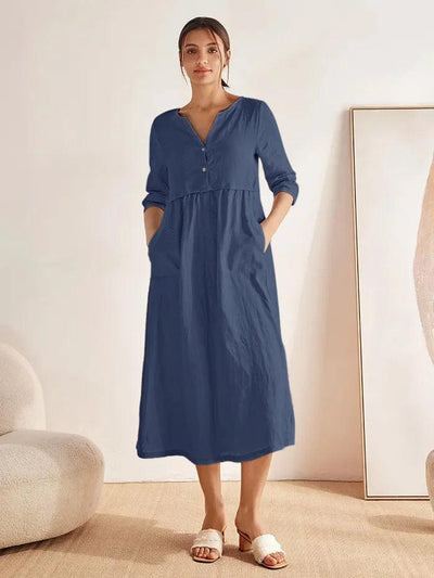 100% Linen Loose Fit Button Waist Gathered Maxi Dress LUNA