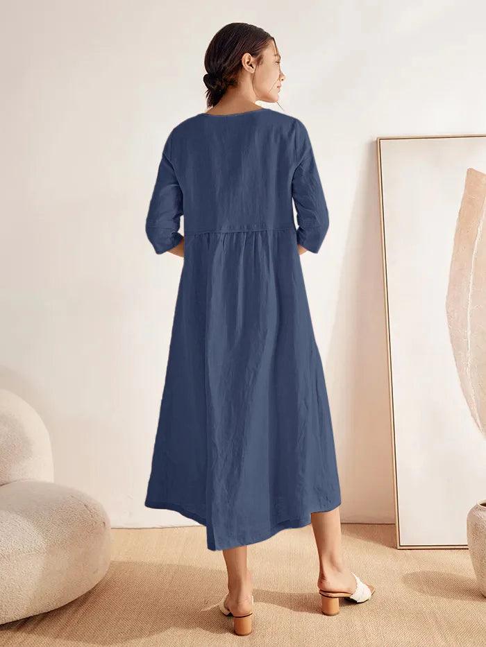 100% Linen Loose Fit Button Waist Gathered Maxi Dress LUNA