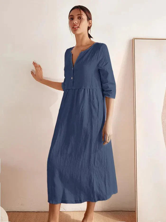 100% Linen Loose Fit Button Waist Gathered Maxi Dress LUNA