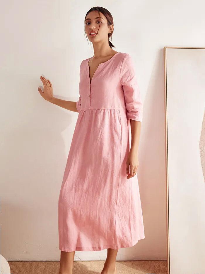 100% Linen Loose Fit Button Waist Gathered Maxi Dress LUNA