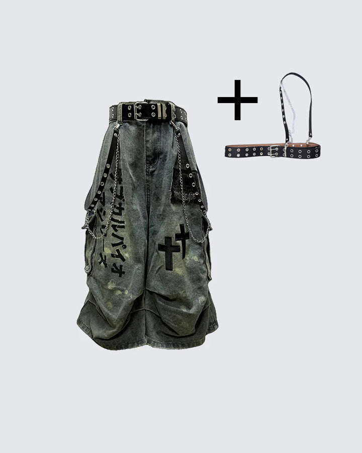 Gothic Washed Denim Shorts with Chains