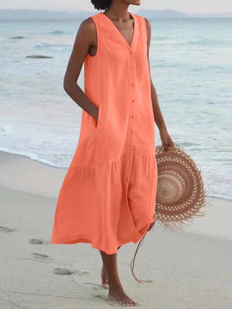 Cavell™ – Sleeveless Summer Dress Featuring Button Closure