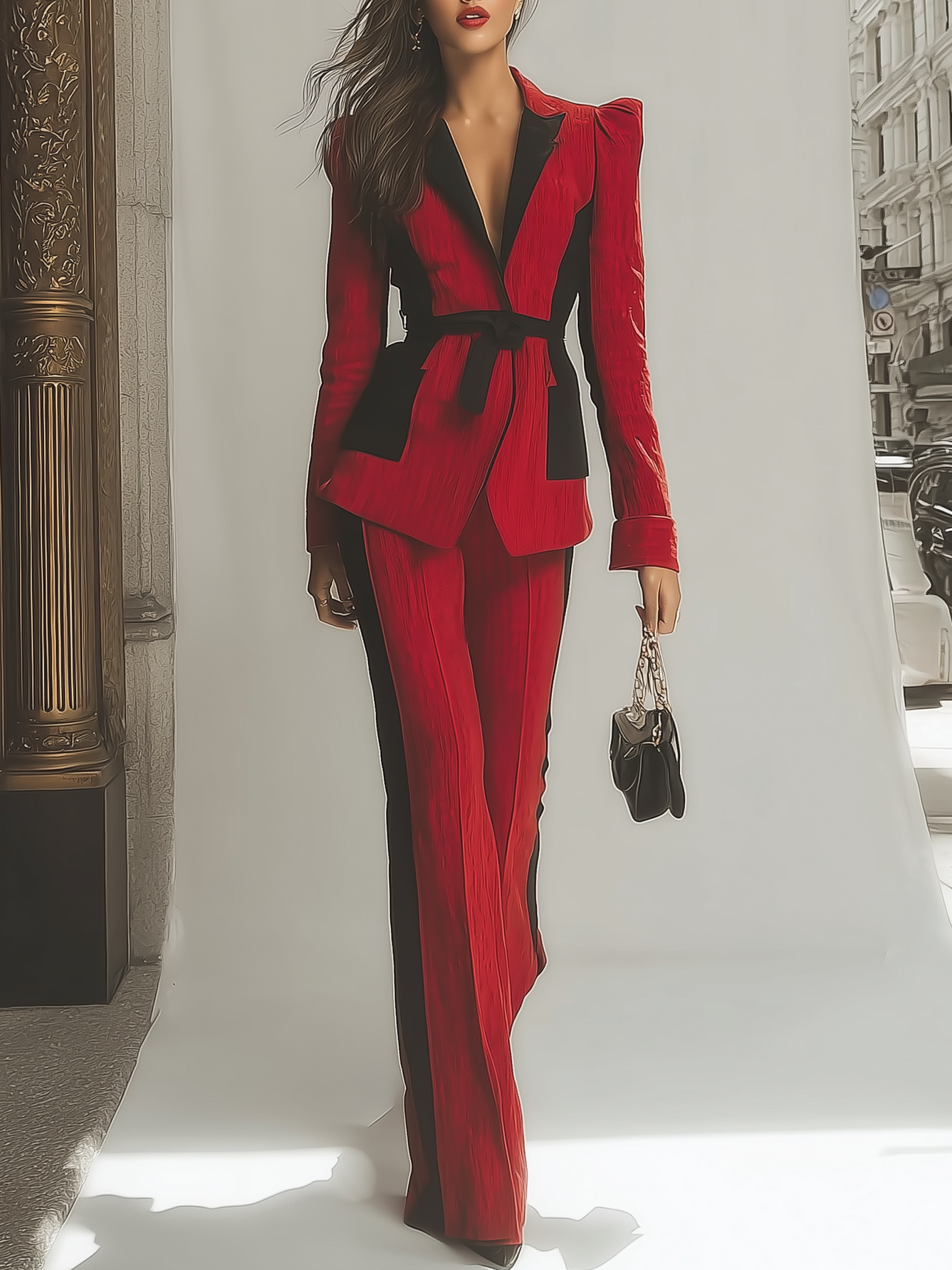 Red And Black Contrast Suit With Belt