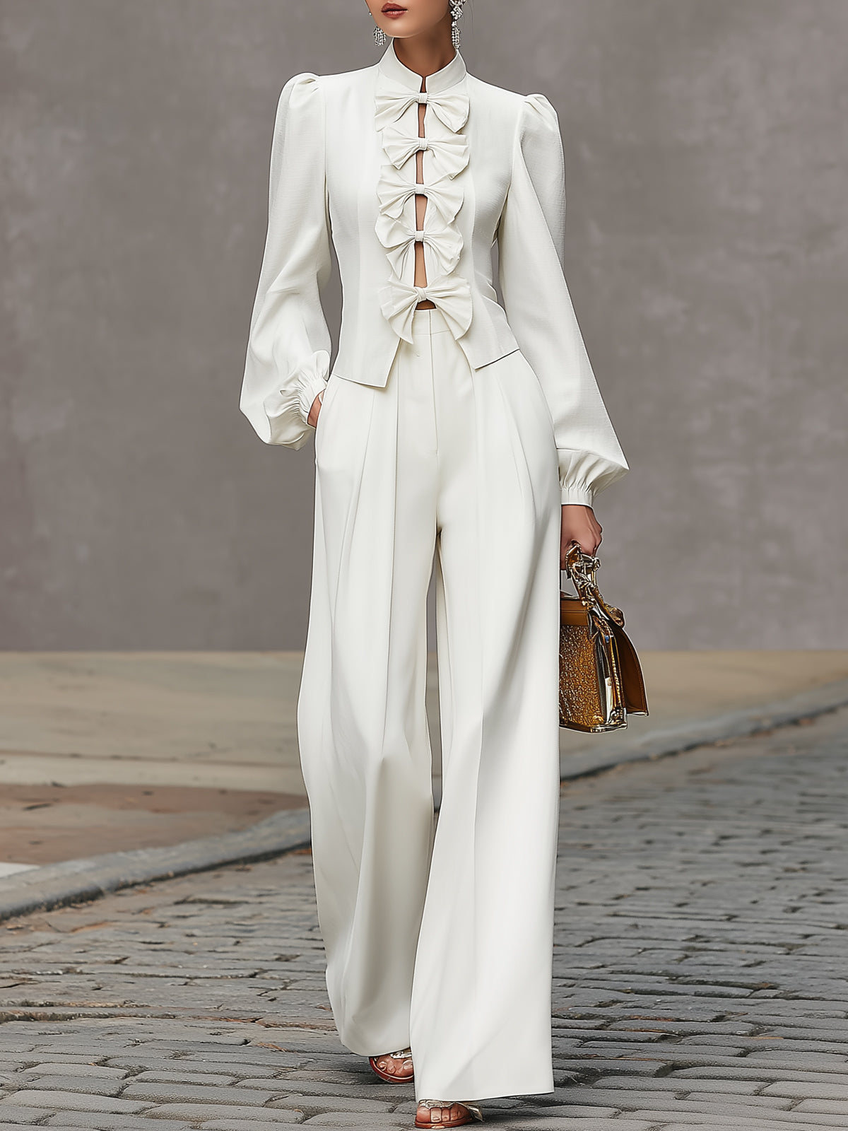 Elegant Retro Style White Bow-decorated Wide-leg Pants Suit