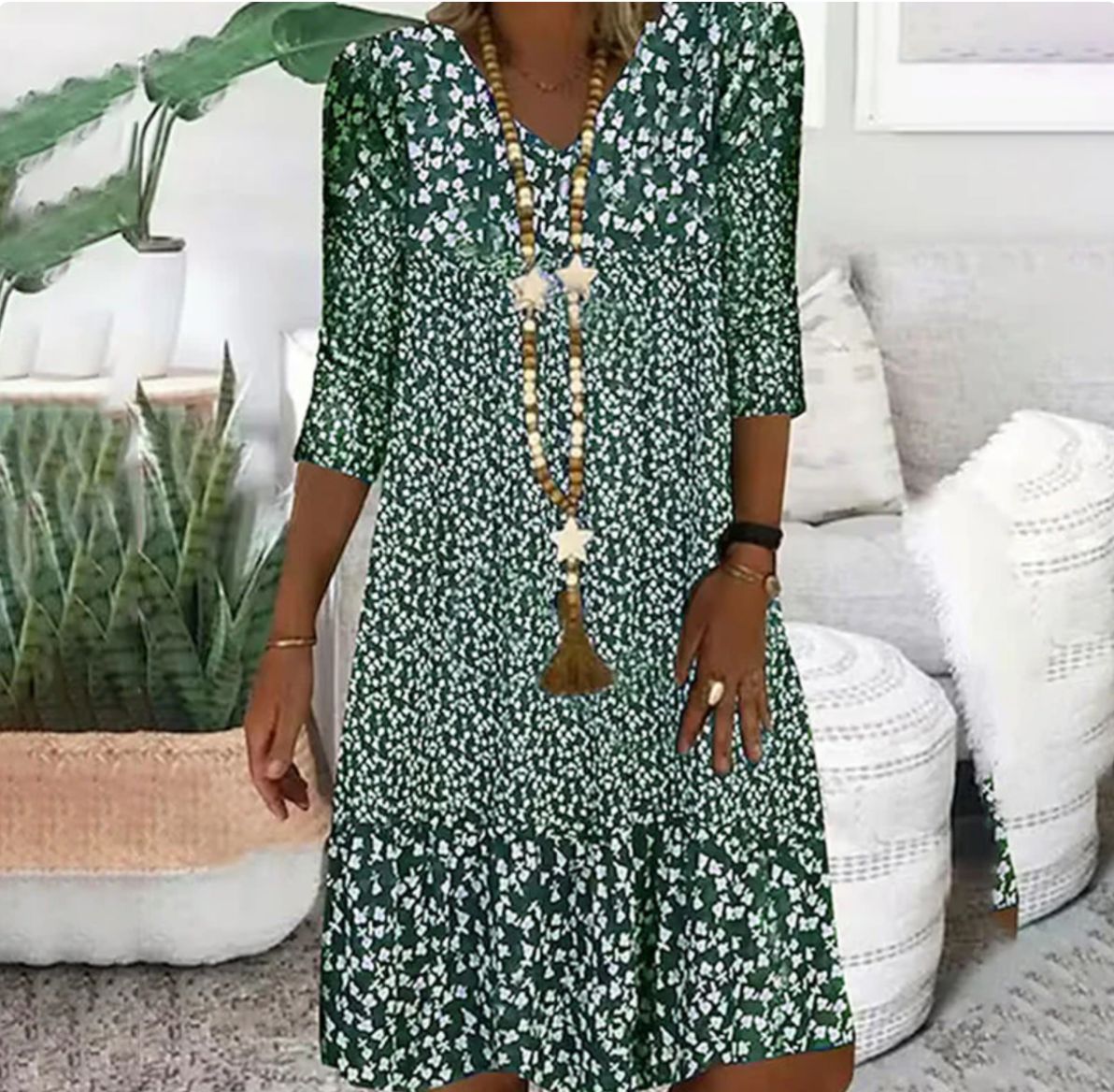 Fashion Printed Women Mid Sleeve V-Neck Dresses