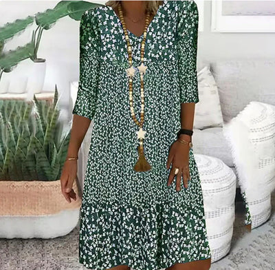Fashion Printed Women Mid Sleeve V-Neck Dresses