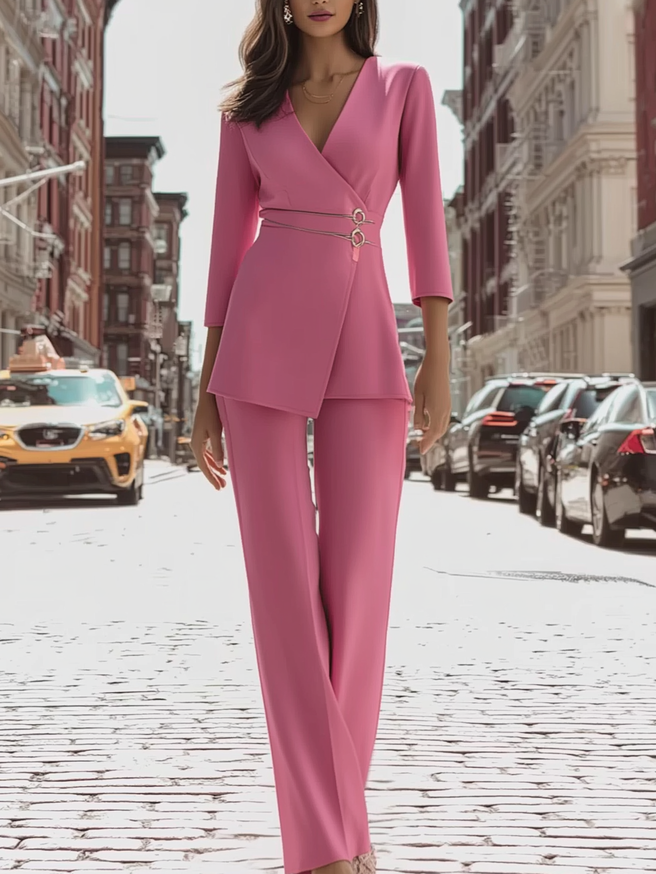 Pink Suit With Waist Buckle Detail